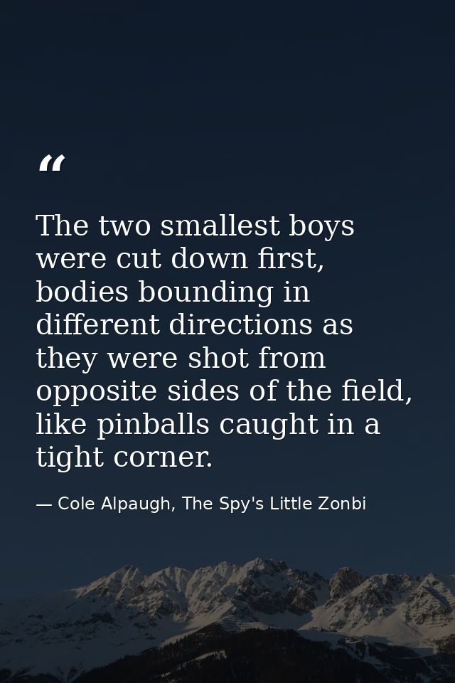 The two smallest boys were cut down first, bodies bounding in different directions as they were shot from opposite sides — Cole Alpaugh, The Spy's Little Zonbi