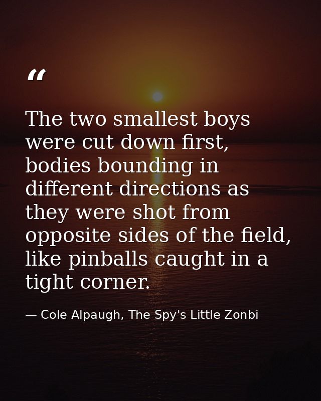 The two smallest boys were cut down first, bodies bounding in different directions as they were shot from opposite sides — Cole Alpaugh, The Spy's Little Zonbi