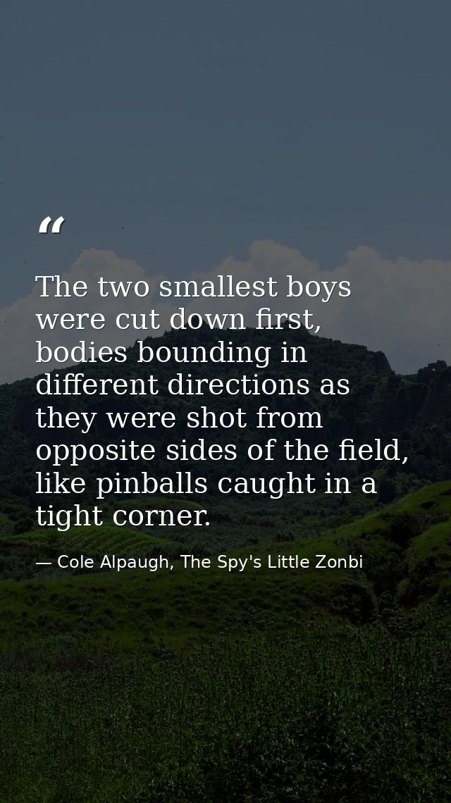 The two smallest boys were cut down first, bodies bounding in different directions as they were shot from opposite sides — Cole Alpaugh, The Spy's Little Zonbi