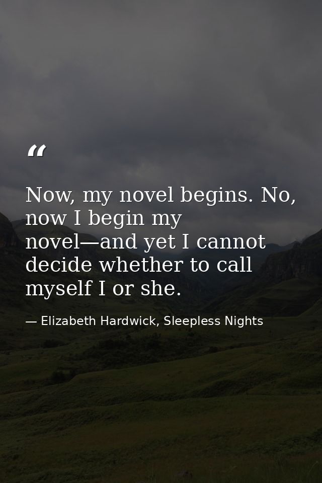 Now, my novel begins. No, now I begin my novel—and yet I cannot decide whether to call myself I or she. — Elizabeth Hardwick, Sleepless Nights