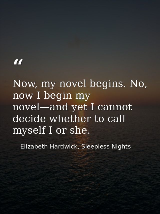 Now, my novel begins. No, now I begin my novel—and yet I cannot decide whether to call myself I or she. — Elizabeth Hardwick, Sleepless Nights
