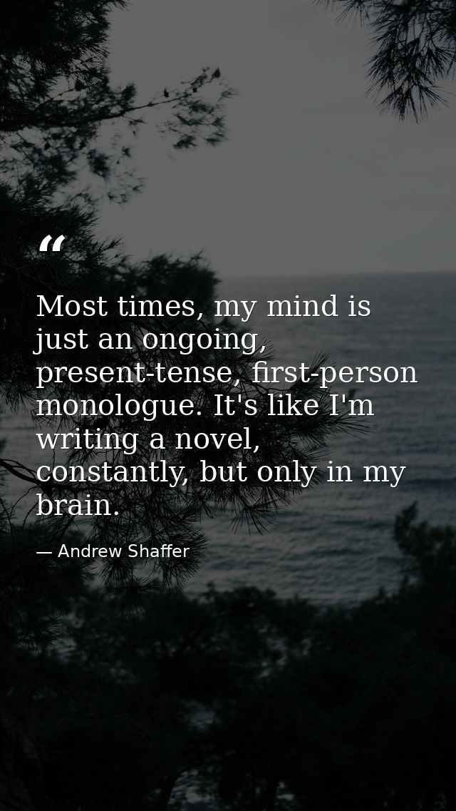 Most times, my mind is just an ongoing, present-tense, first-person monologue. It's like I'm writing a novel, constantly — Andrew Shaffer