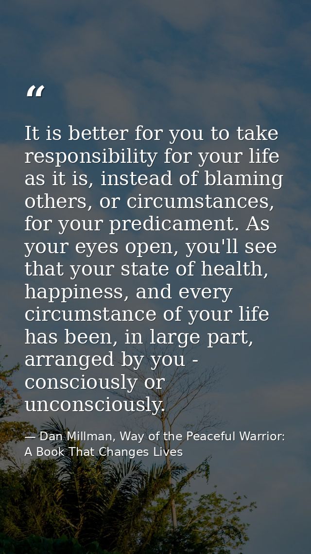 It is better for you to take responsibility for your life as it is, instead of blaming others, or circumstances, for you — Dan Millman, Way of the Peaceful Warrior: A Book That Changes Lives