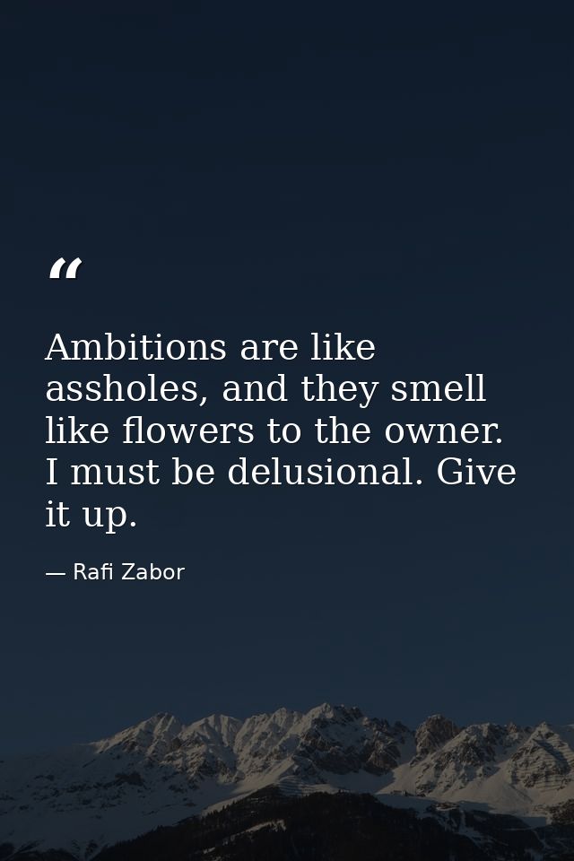 Ambitions are like assholes, and they smell like flowers to the owner. I must be delusional. Give it up. — Rafi Zabor