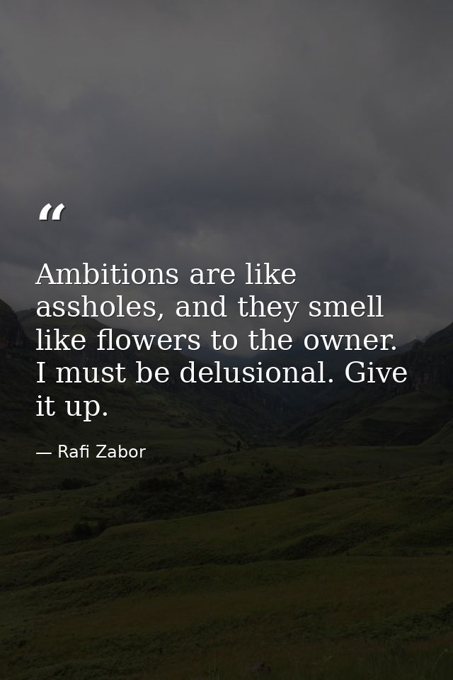 Ambitions are like assholes, and they smell like flowers to the owner. I must be delusional. Give it up. — Rafi Zabor