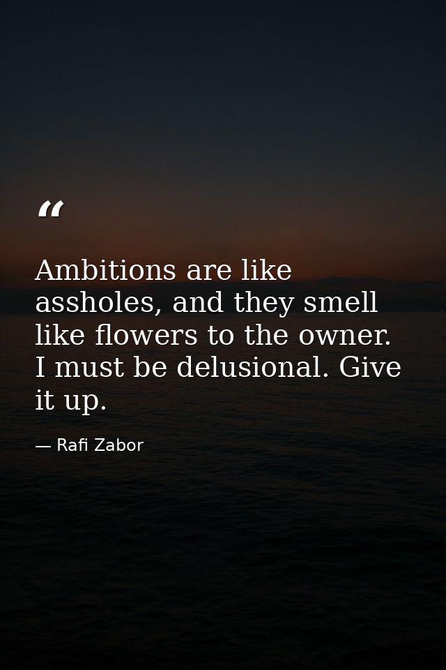 Ambitions are like assholes, and they smell like flowers to the owner. I must be delusional. Give it up. — Rafi Zabor