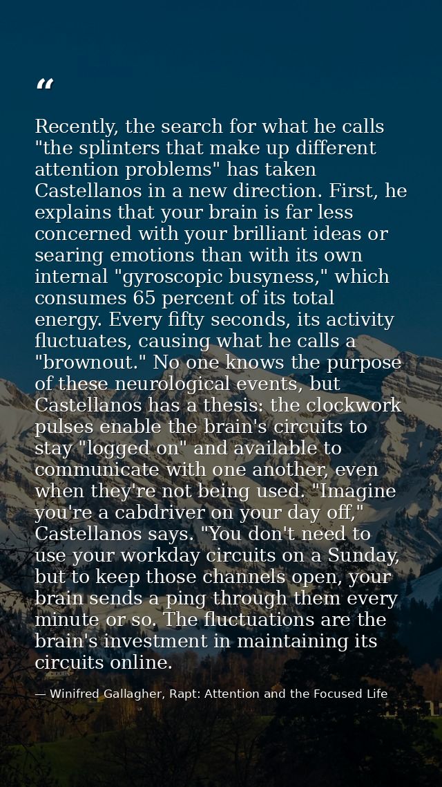 Recently, the search for what he calls "the splinters that make up different attention problems" has taken Castellanos i — Winifred Gallagher, Rapt: Attention and the Focused Life