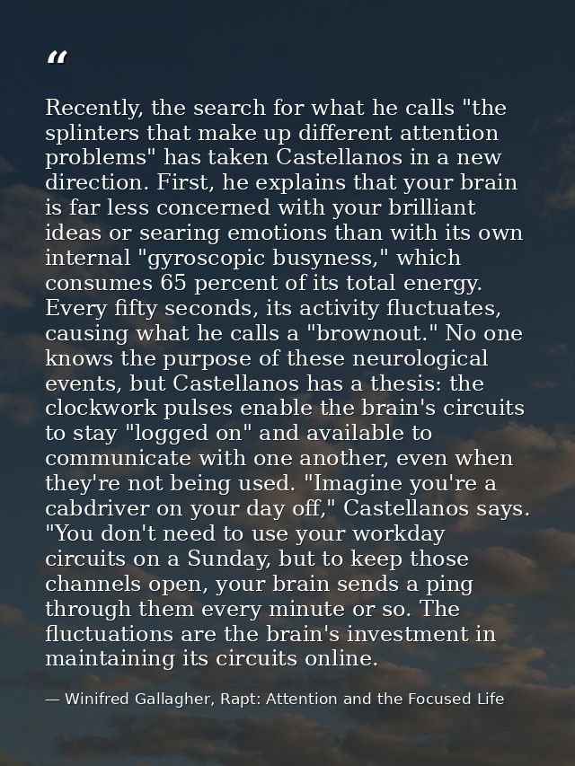 Recently, the search for what he calls "the splinters that make up different attention problems" has taken Castellanos i — Winifred Gallagher, Rapt: Attention and the Focused Life
