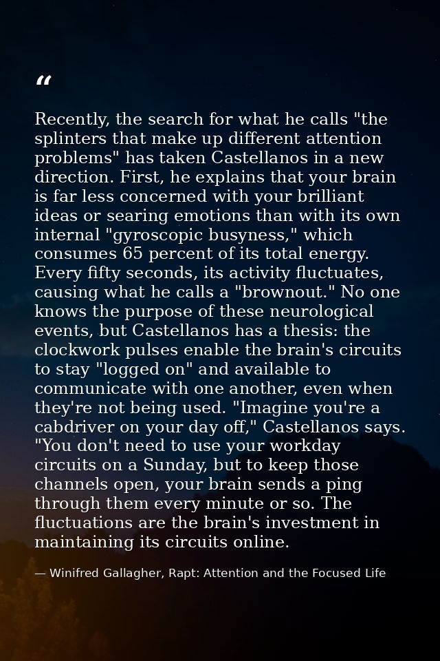 Recently, the search for what he calls "the splinters that make up different attention problems" has taken Castellanos i — Winifred Gallagher, Rapt: Attention and the Focused Life