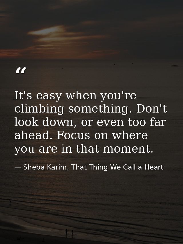 It's easy when you're climbing something. Don't look down, or even too far ahead. Focus on where you are in that moment. — Sheba Karim, That Thing We Call a Heart