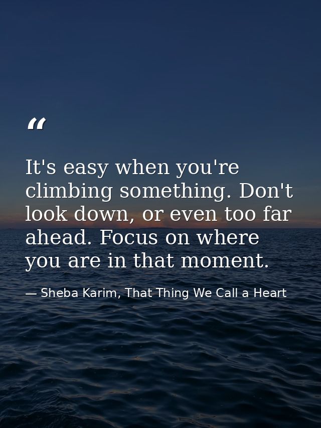 It's easy when you're climbing something. Don't look down, or even too far ahead. Focus on where you are in that moment. — Sheba Karim, That Thing We Call a Heart