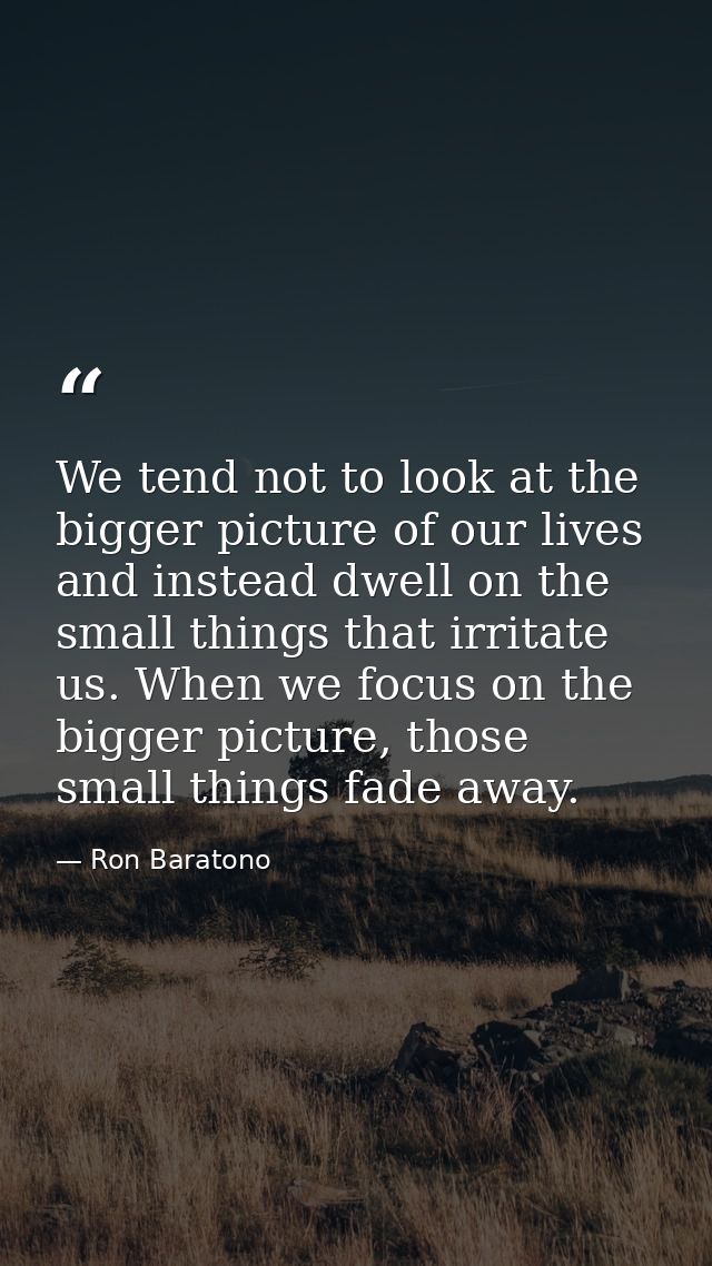 We tend not to look at the bigger picture of our lives and instead dwell on the small things that irritate us. When we f — Ron Baratono
