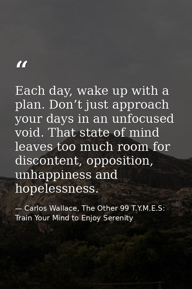 Each day, wake up with a plan. Don’t just approach your days in an unfocused void. That state of mind leaves too much ro — Carlos Wallace, The Other 99 T.Y.M.E.S: Train Your Mind to Enjoy Serenity