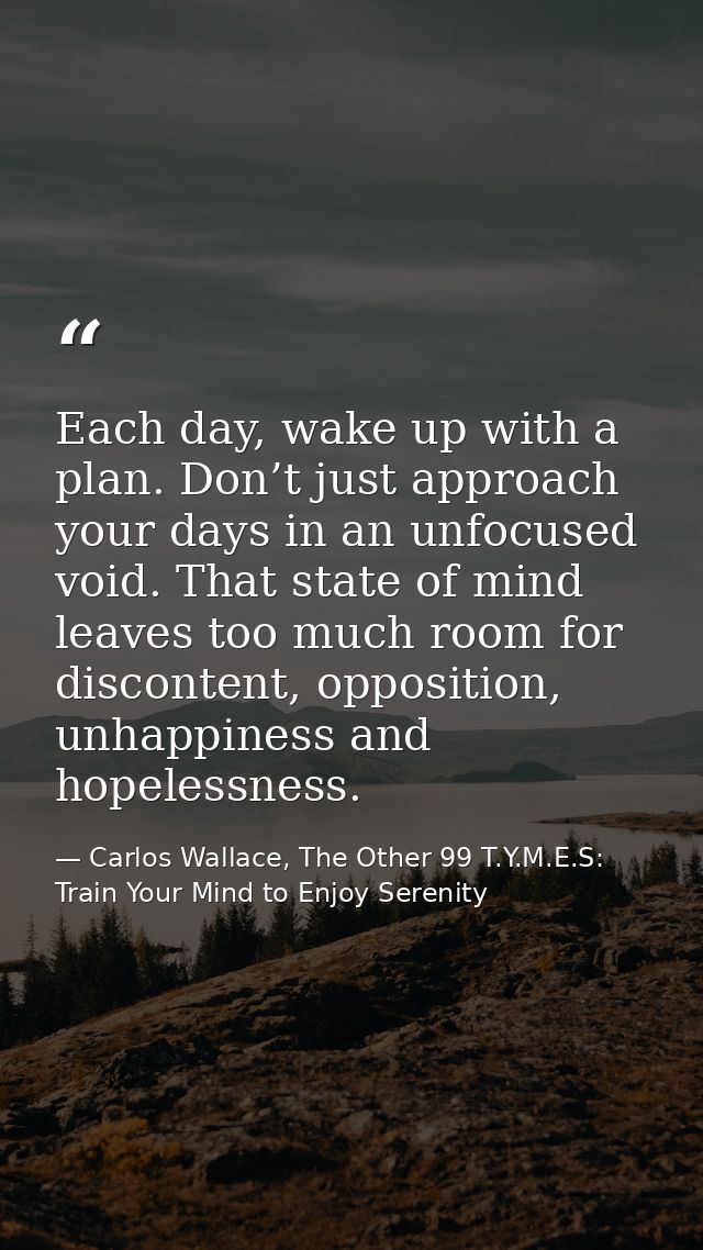 Each day, wake up with a plan. Don’t just approach your days in an unfocused void. That state of mind leaves too much ro — Carlos Wallace, The Other 99 T.Y.M.E.S: Train Your Mind to Enjoy Serenity