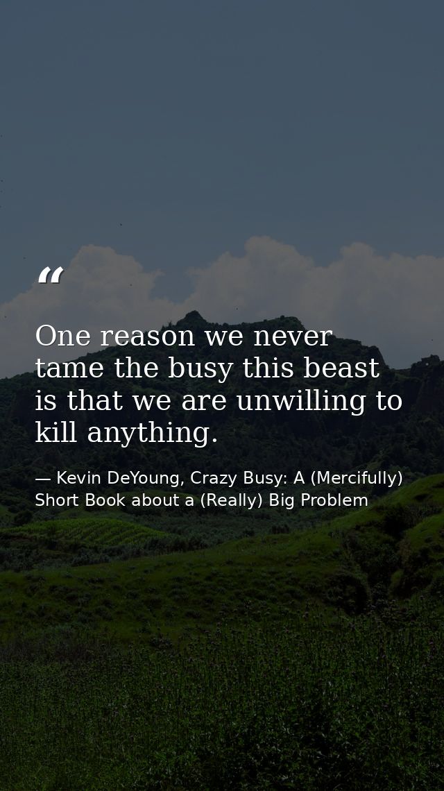 One reason we never tame the busy this beast is that we are unwilling to kill anything. — Kevin DeYoung, Crazy Busy: A (Mercifully) Short Book about a (Really) Big Problem