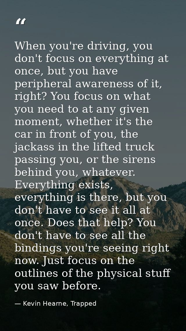 When you're driving, you don't focus on everything at once, but you have peripheral awareness of it, right? You focus on — Kevin Hearne, Trapped