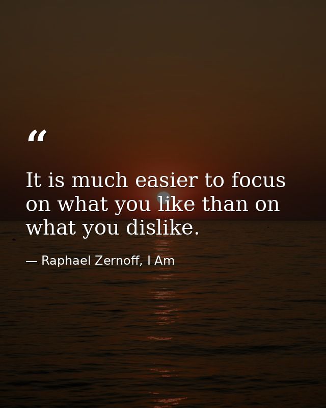 It is much easier to focus on what you like than on what you dislike. — Raphael Zernoff, I Am