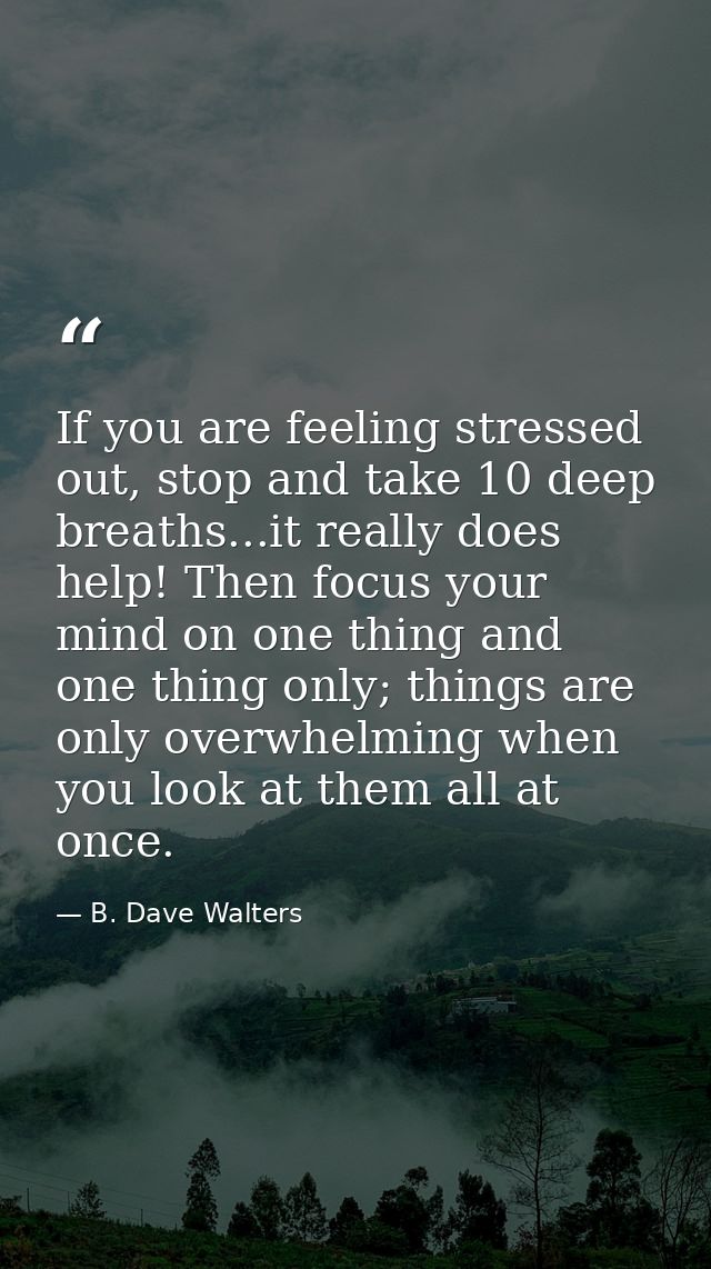If you are feeling stressed out, stop and take 10 deep breaths...it really does help! Then focus your mind on one thing  — B. Dave Walters