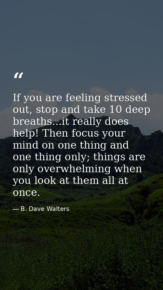 If you are feeling stressed out, stop and take 10 deep breaths...it really does help! Then focus your mind on one thing  — B. Dave Walters