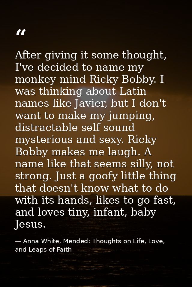 After giving it some thought, I've decided to name my monkey mind Ricky Bobby. I was thinking about Latin names like Jav — Anna White, Mended: Thoughts on Life, Love, and Leaps of Faith