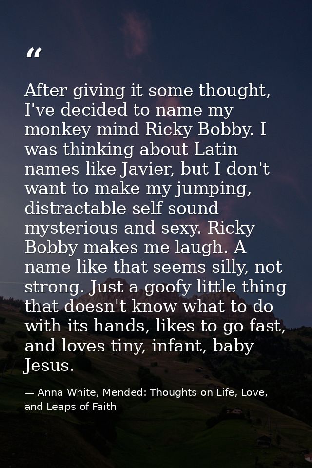 After giving it some thought, I've decided to name my monkey mind Ricky Bobby. I was thinking about Latin names like Jav — Anna White, Mended: Thoughts on Life, Love, and Leaps of Faith