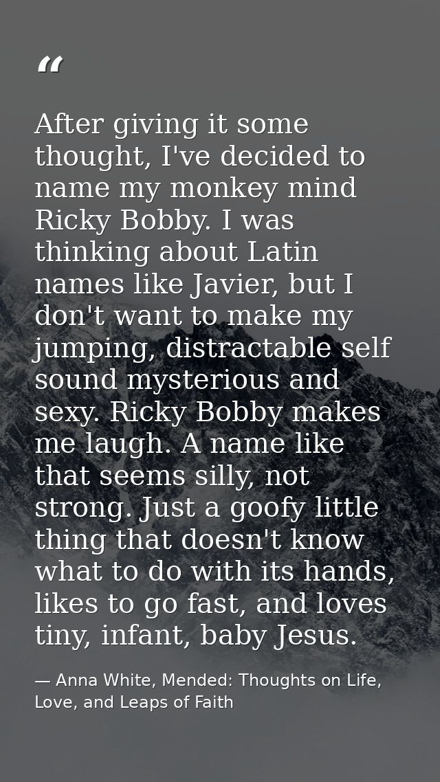 After giving it some thought, I've decided to name my monkey mind Ricky Bobby. I was thinking about Latin names like Jav — Anna White, Mended: Thoughts on Life, Love, and Leaps of Faith