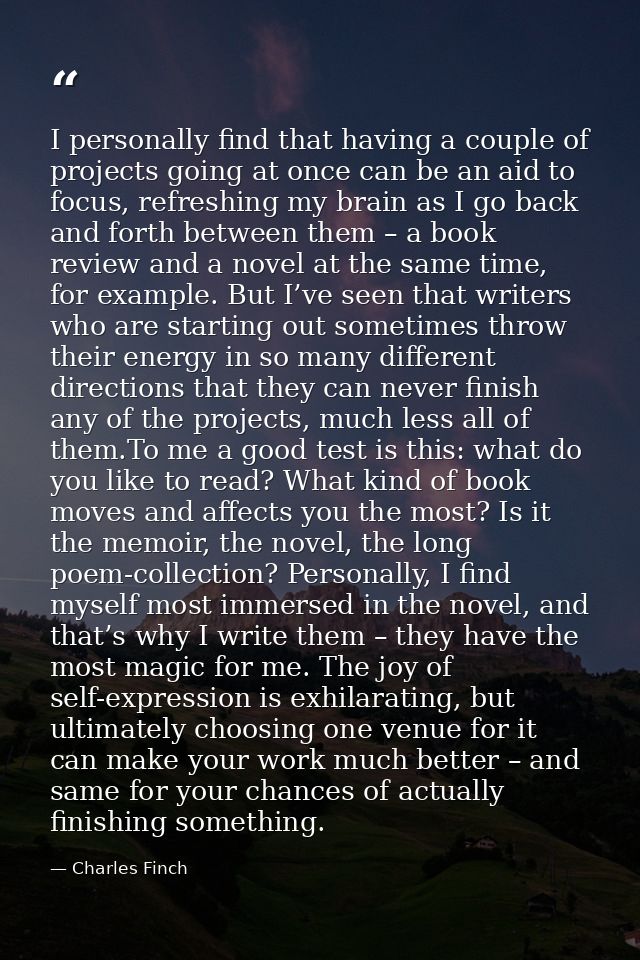 I personally find that having a couple of projects going at once can be an aid to focus, refreshing my brain as I go bac — Charles Finch