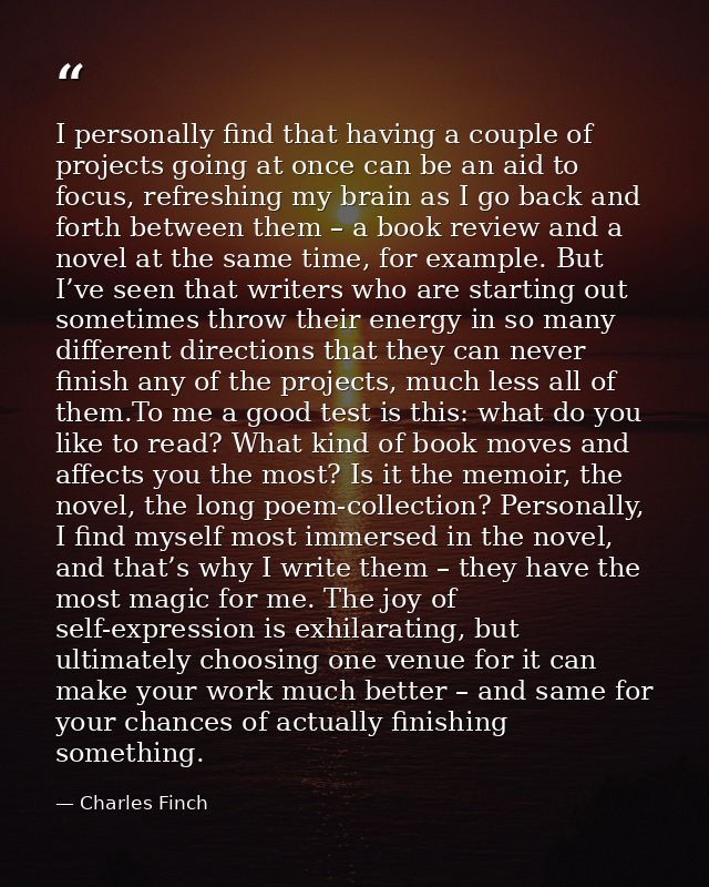 I personally find that having a couple of projects going at once can be an aid to focus, refreshing my brain as I go bac — Charles Finch