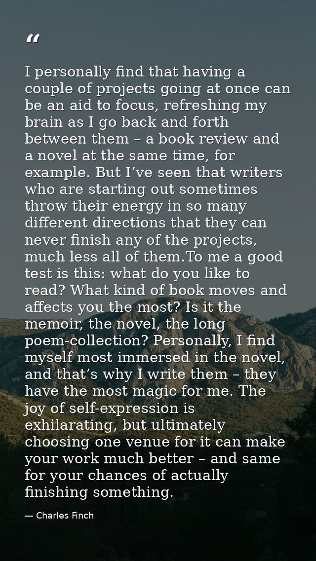 I personally find that having a couple of projects going at once can be an aid to focus, refreshing my brain as I go bac — Charles Finch