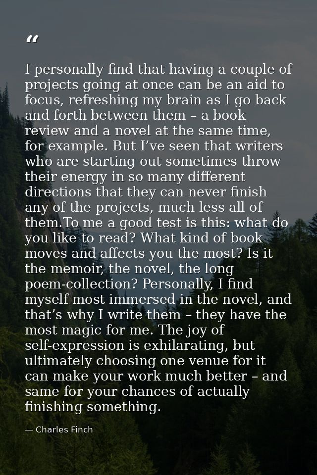 I personally find that having a couple of projects going at once can be an aid to focus, refreshing my brain as I go bac — Charles Finch
