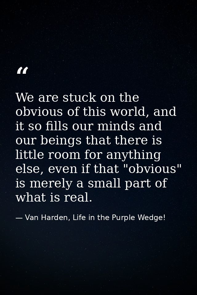 We are stuck on the obvious of this world, and it so fills our minds and our beings that there is little room for anythi — Van Harden, Life in the Purple Wedge!