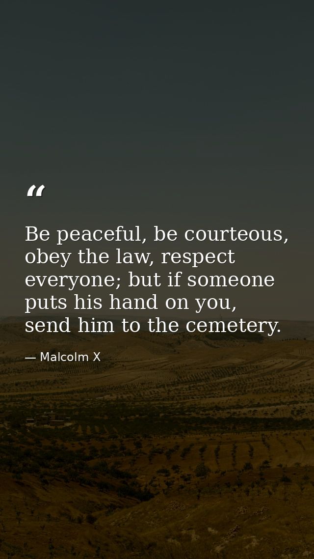Be peaceful, be courteous, obey the law, respect everyone; but if someone puts his hand on you, send him to the cemetery — Malcolm X