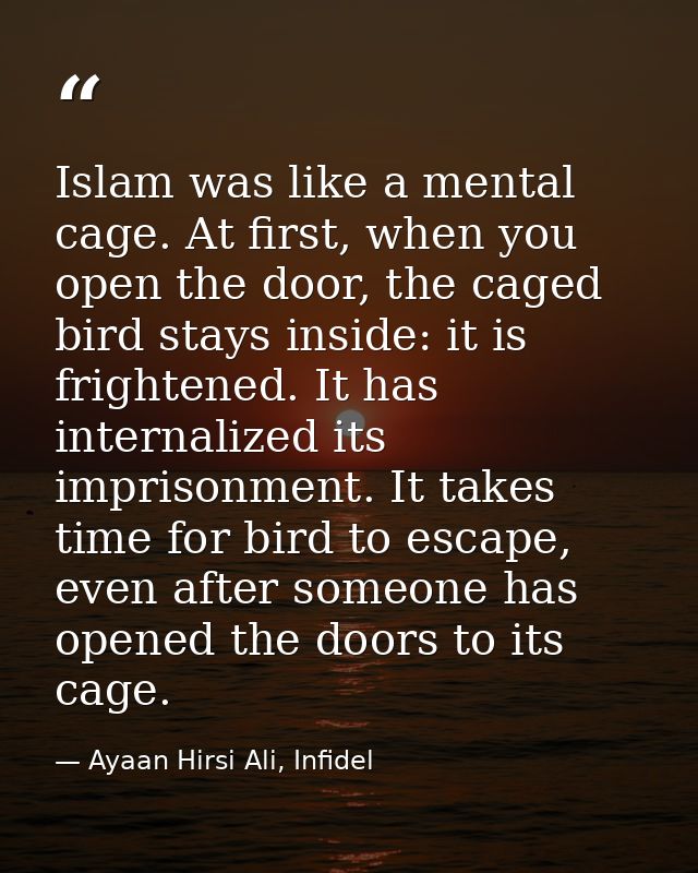 Islam was like a mental cage. At first, when you open the door, the caged bird stays inside: it is frightened. It has in — Ayaan Hirsi Ali, Infidel