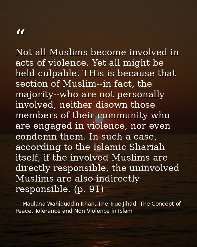 Not all Muslims become involved in acts of violence. Yet all might be held culpable. THis is because that section of Mus — Maulana Wahiduddin Khan, The True Jihad: The Concept of Peace, Tolerance and Non Violence in Islam