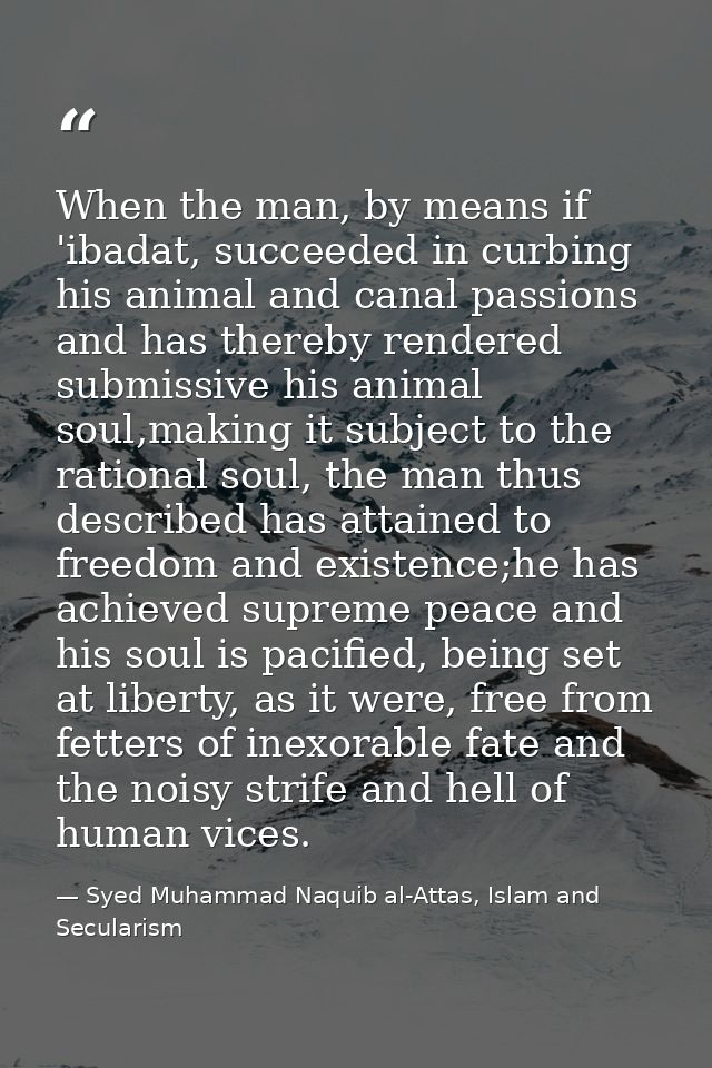 When the man, by means if 'ibadat, succeeded in curbing his animal and canal passions and has thereby rendered submissiv — Syed Muhammad Naquib al-Attas, Islam and Secularism