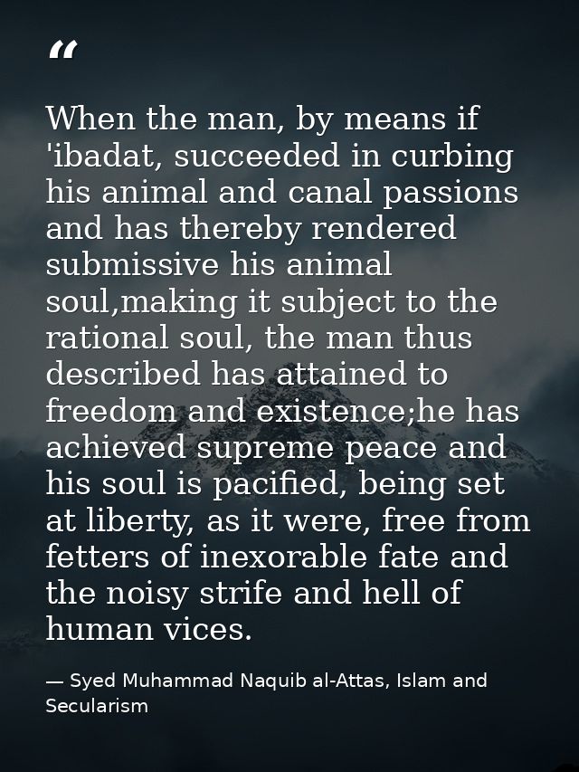 When the man, by means if 'ibadat, succeeded in curbing his animal and canal passions and has thereby rendered submissiv — Syed Muhammad Naquib al-Attas, Islam and Secularism