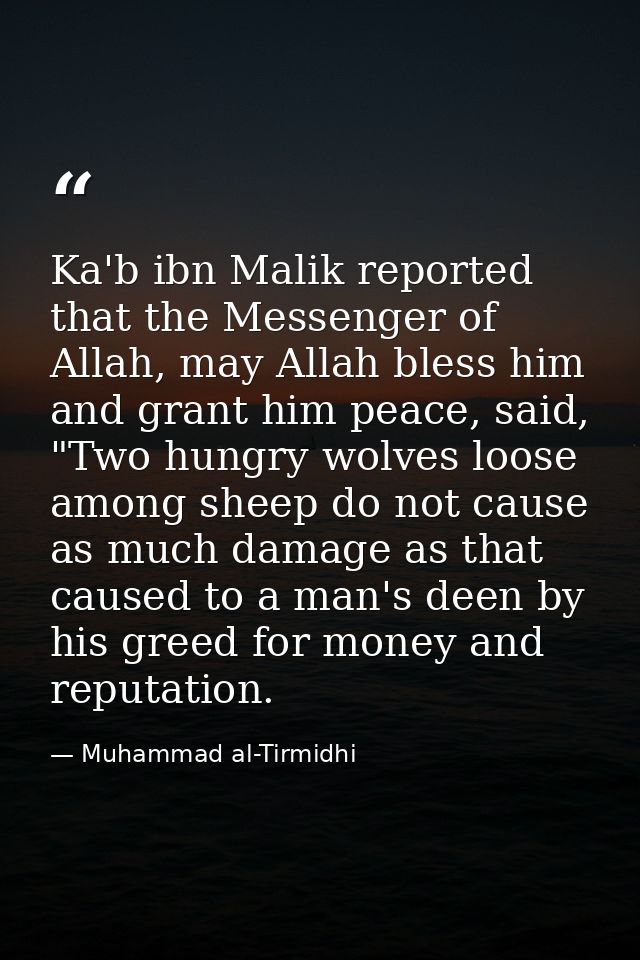Ka'b ibn Malik reported that the Messenger of Allah, may Allah bless him and grant him peace, said, "Two hungry wolves l — Muhammad al-Tirmidhi