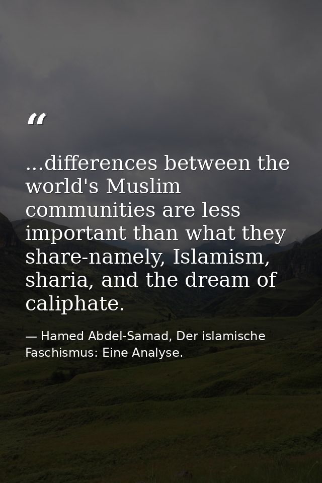 ...differences between the world's Muslim communities are less important than what they share-namely, Islamism, sharia,  — Hamed Abdel-Samad, Der islamische Faschismus: Eine Analyse.