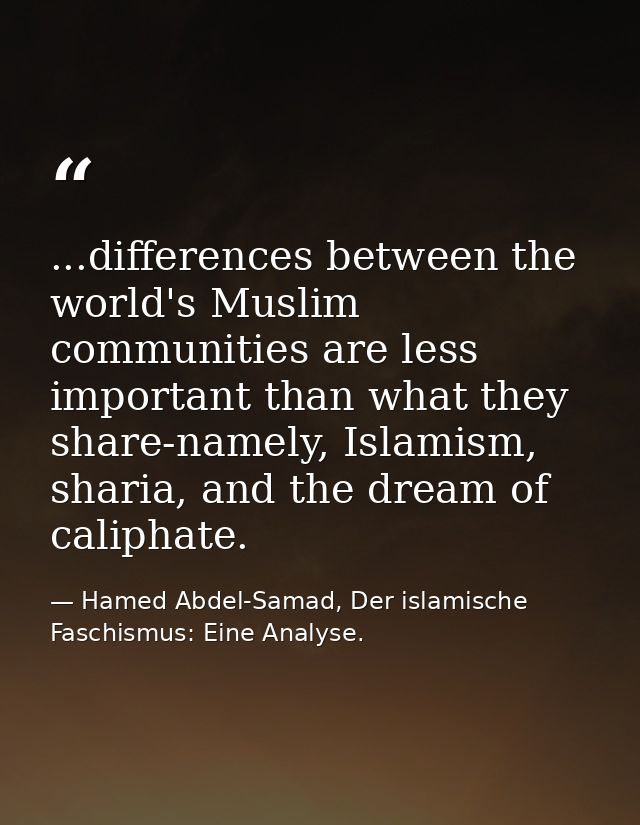 ...differences between the world's Muslim communities are less important than what they share-namely, Islamism, sharia,  — Hamed Abdel-Samad, Der islamische Faschismus: Eine Analyse.