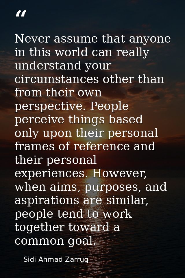 Never assume that anyone in this world can really understand your circumstances other than from their own perspective. P — Sidi Ahmad Zarruq