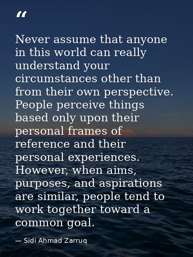 Never assume that anyone in this world can really understand your circumstances other than from their own perspective. P — Sidi Ahmad Zarruq