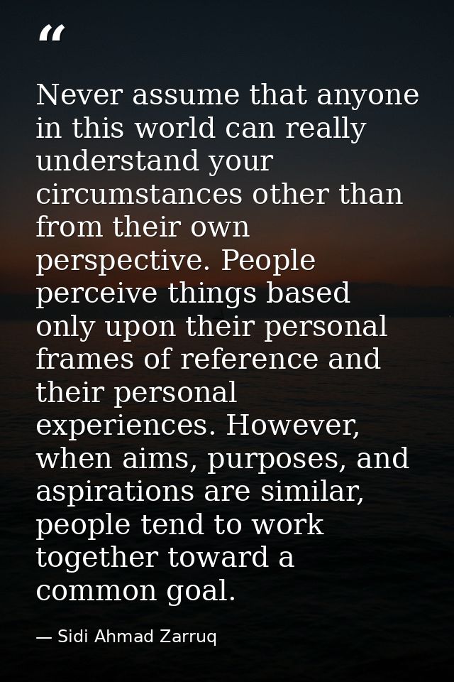 Never assume that anyone in this world can really understand your circumstances other than from their own perspective. P — Sidi Ahmad Zarruq