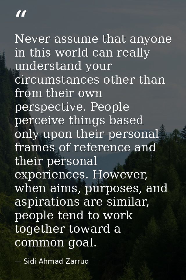 Never assume that anyone in this world can really understand your circumstances other than from their own perspective. P — Sidi Ahmad Zarruq