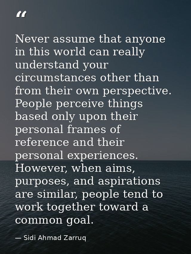 Never assume that anyone in this world can really understand your circumstances other than from their own perspective. P — Sidi Ahmad Zarruq