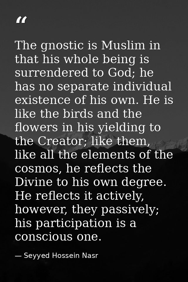 The gnostic is Muslim in that his whole being is surrendered to God; he has no separate individual existence of his own. — Seyyed Hossein Nasr