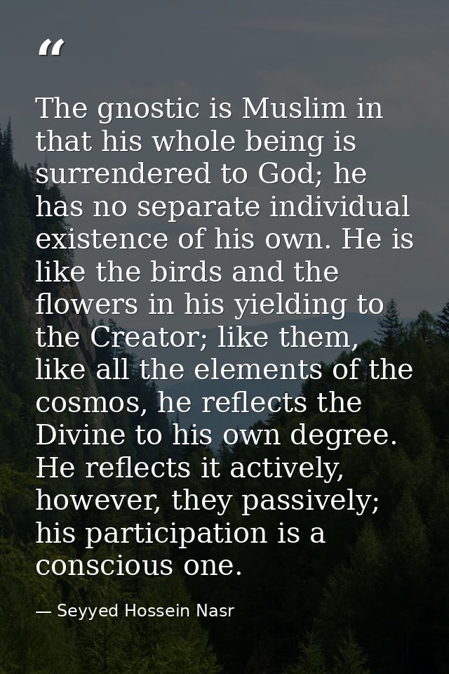 The gnostic is Muslim in that his whole being is surrendered to God; he has no separate individual existence of his own. — Seyyed Hossein Nasr