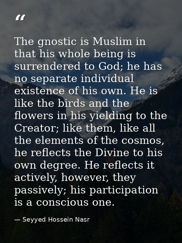 The gnostic is Muslim in that his whole being is surrendered to God; he has no separate individual existence of his own. — Seyyed Hossein Nasr