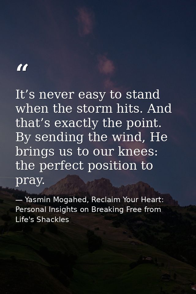 It’s never easy to stand when the storm hits. And that’s exactly the point. By sending the wind, He brings us to our kne — Yasmin Mogahed, Reclaim Your Heart: Personal Insights on Breaking Free from Life's Shackles