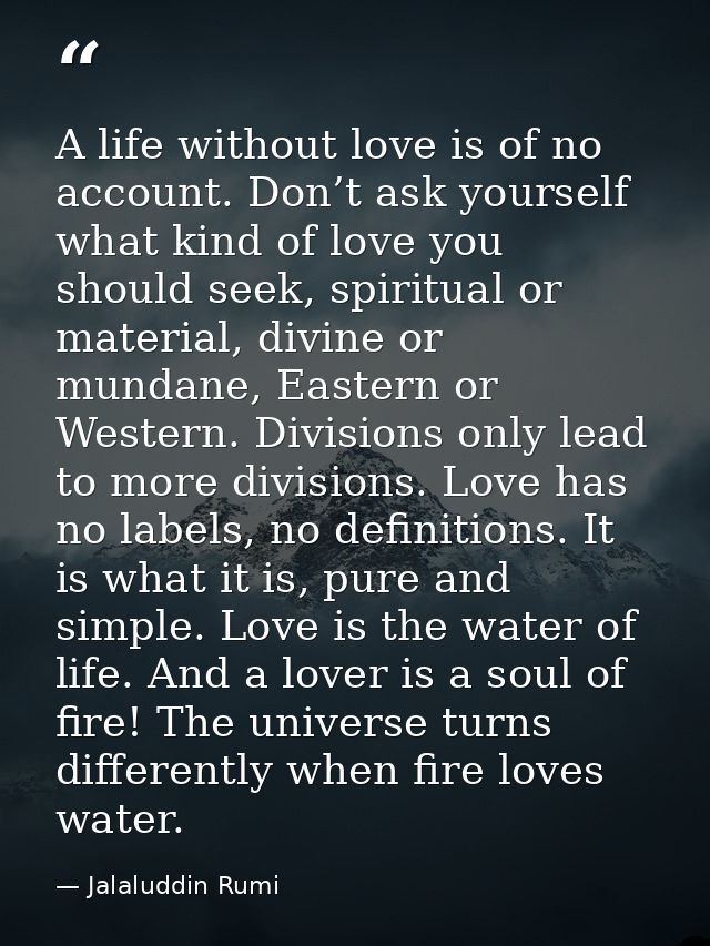 A life without love is of no account. Don’t ask yourself what kind of love you should seek, spiritual or material, divin — Jalaluddin Rumi