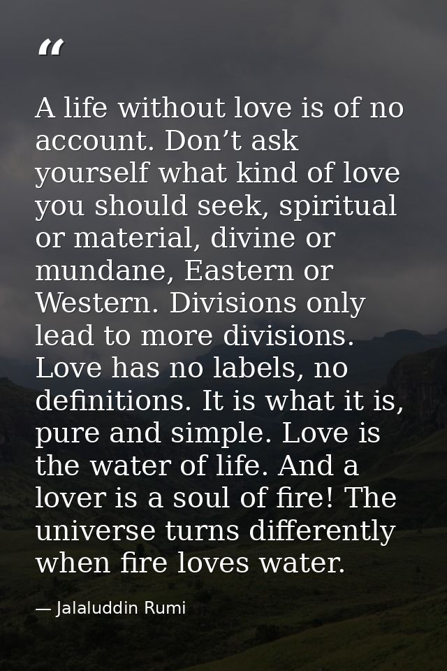 A life without love is of no account. Don’t ask yourself what kind of love you should seek, spiritual or material, divin — Jalaluddin Rumi